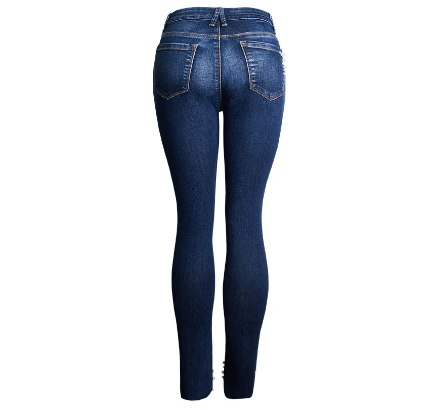 European station Europe and the United States new hole pearl cat toe cowboy high waist pants feet beaded straight jeans (13)