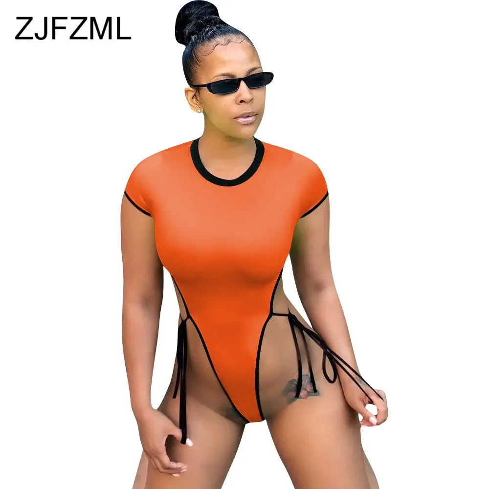 

Waist Band Cut Out Summer Bodysuits For Women Green O Neck Short Sleeve Beach Boho Playsuit Sexy Orange Skinny One Piece Overall
