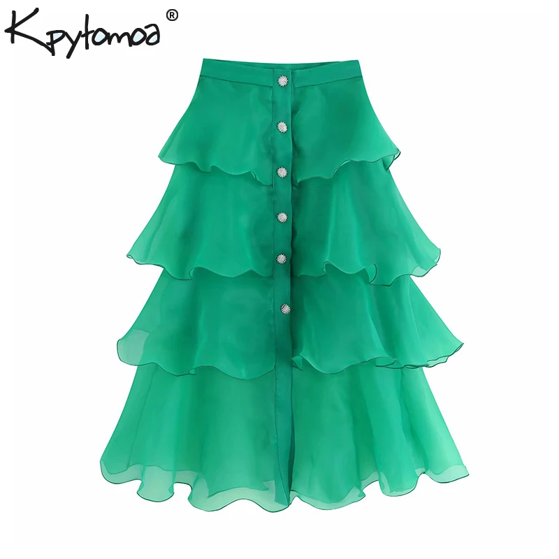 

Vintage Stylish Jewel Button Organza Ruffles Midi Skirt Women 2019 Fashion Side Zipper See through Skirts Casual Faldas Mujer