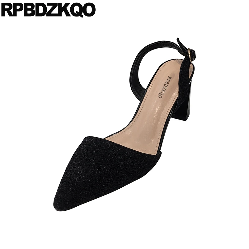 

slip on black pointed pumps closed toe chunky thick shoes high heels elegant korean glitter women sandals 2019 summer strap