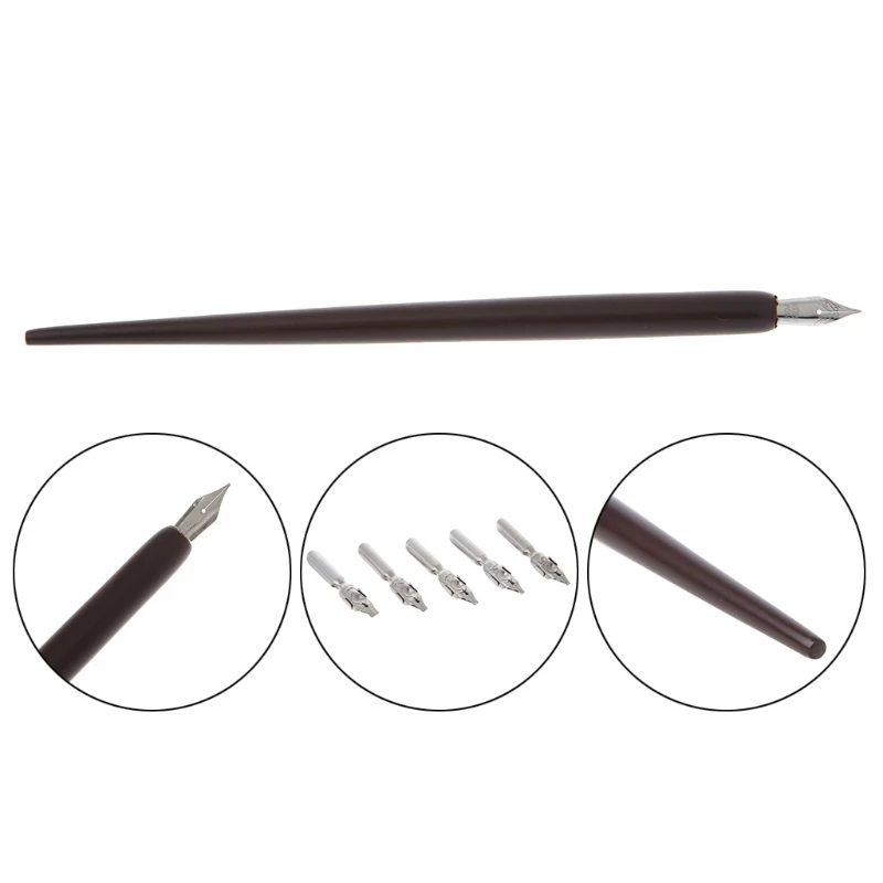 1 x Dip-Ручка 5 x перо коричневого дерева английская каллиграфия ручка медная пластина скрипт косая Dip Ручка держатель+ 5 перо