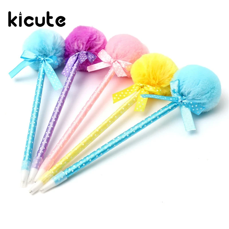 

Kicute 5pcs/lot Lovely Ballpoint Pen Modern Lovely Style Adorable Fluffy Pens Cute Ribbon Princess Multi colors Office Supplies