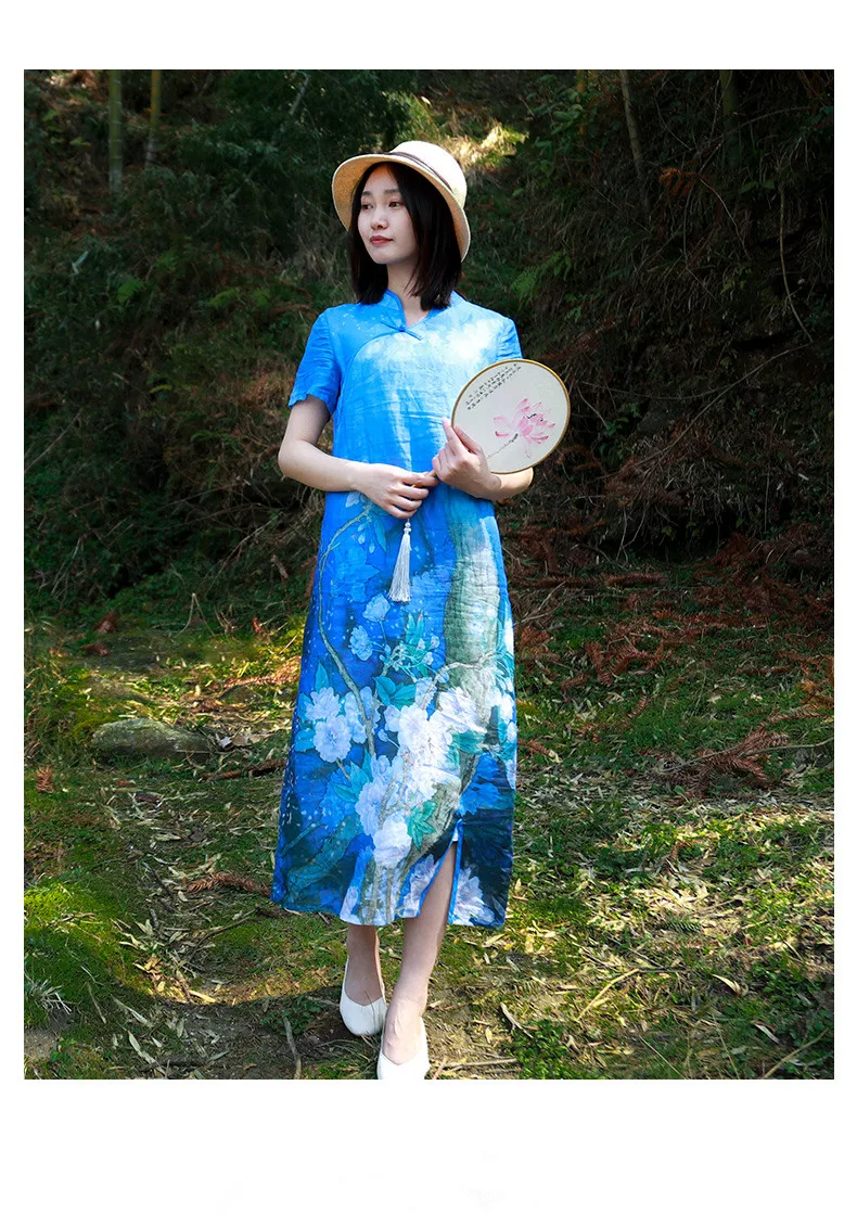 LZJN Women's Summer Dresses Flax Linen Cheongsam Qipao Collar Chinese Style Royal Blue Long Dress (14)