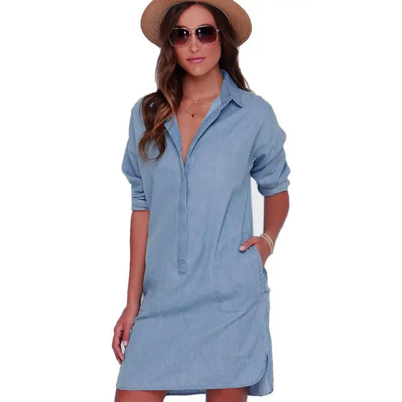 Casual Women Short Mini Dresses Long Sleeve Denim Jean Shirt Dress