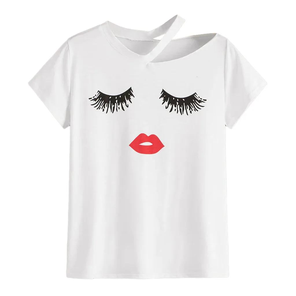 

Women Summer Blouse Eyelash Lip Print Printing Shirt Tops Casual Round Neck Short Sleeve Shirt Tops Blouse Blusa Femininas @40