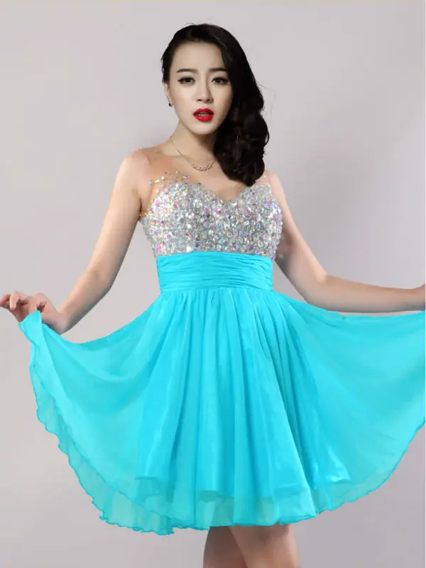 2017 Ice Blue Chiffon Sparkly Short Robe De Cocktail Dresses Beaded V Neck Sleeveless Party prom