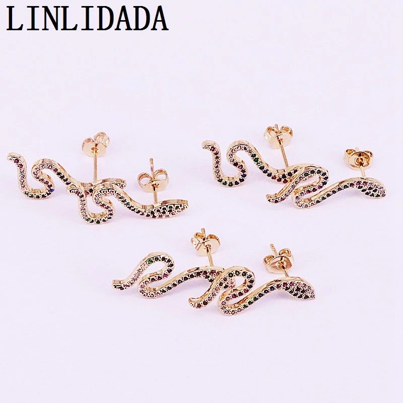 6 пар микро проложить Радуга CZ золотистый, циркониевый ювелирные изделия в форме змеи модные радужные серьги-гвоздики