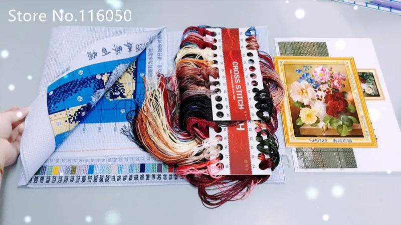 Cross Stitch Kit Needlework DIY Table Vase Rose Peony Flower Printed Pattern Handwork Painting