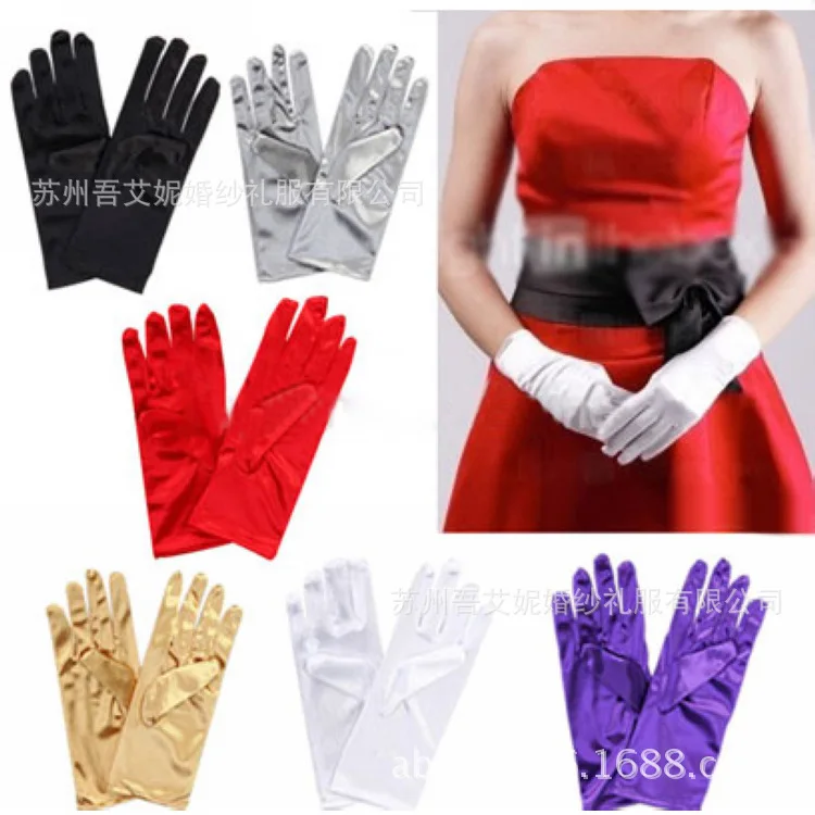 

Short Finger Gloves Women Solid Satin Evening Party Dressing Prom Gloves 14 Color Plain Dyed Glove For Wedding Party LT063