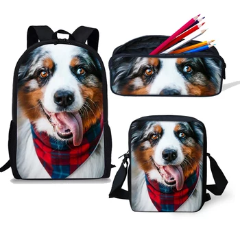 

3 pcs Australian Shepherd Dog School Bags Women Knapsack For Teenagers Girls Book Bag Pencil bag Crossbody Bag Plecak Szkolny