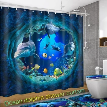 

Dolphin Deep Sea Curtains Polyester Waterproof Ocean Shower Curtain for Bathroom Pedestal Rug Lid Toilet Cover Bath Mat Decor