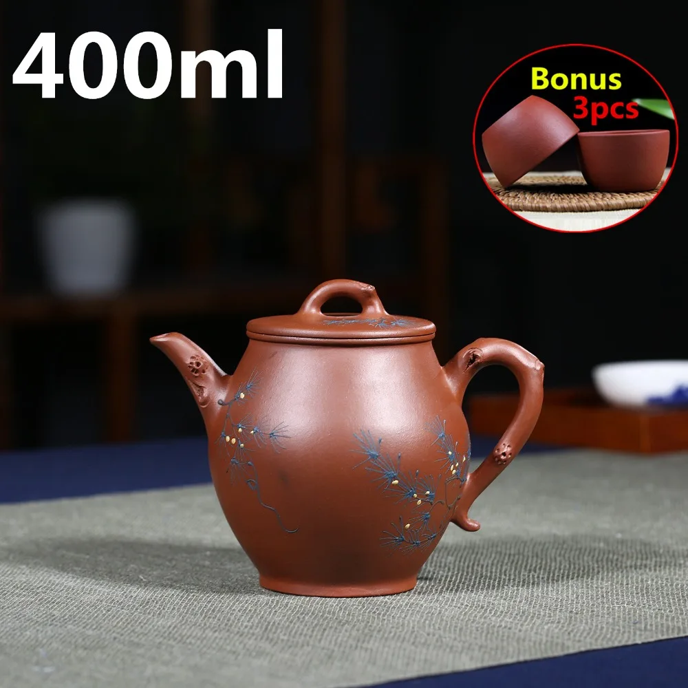 

Porcelain Tea Pot Teapots 400ml Big Capacity Handmade Pots Yixing Zisha Clay Chinese Purple Sand Teapot Tea Set Bonus 3 Cups