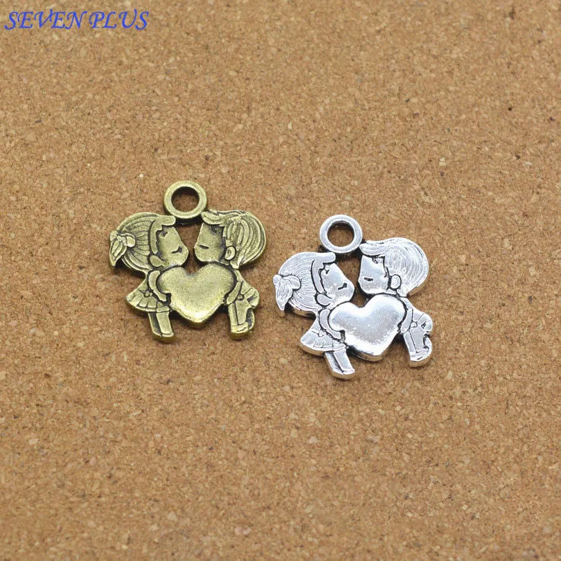 

Newest Style 20 Pieces/Lot 21mm*22mm Antique Silver Or Antique Bronze Double-Sided Heart Love Boy And Girl Charms For Diy Making
