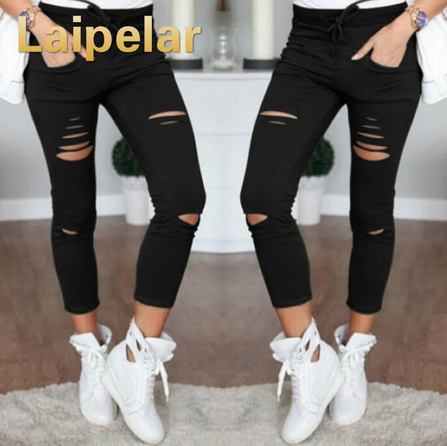 New 2018 Skinny Jeans Women Denim Pants Holes Destroyed Knee Pencil Pants Casual Trousers Black White Stretch Ripped Jeans