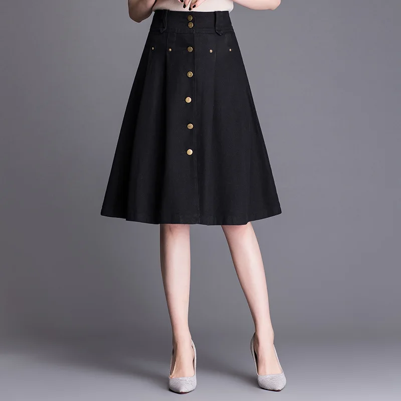 

2019 New Korean Version Woman Plus Size High Waist Denim A Line Skirt Button Slim Fit Midi Jeans Skirt Elegant Office Lady Skirt