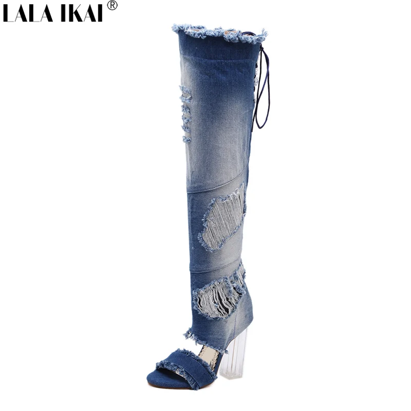 

LALA IKAI Women Boots High Denim Over-the-knee Boots Sexy Transparent Square Heels Shoes Peep Toe Ladies Boots XWC2142-45