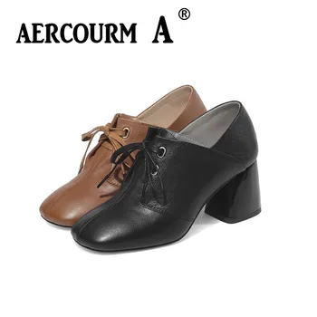

Aercourm A 2019 Women Lace-up High Heels Pumps Shoes Lady Genuine Leather Shoes Square Heel Pumps New Spring Square Toe Shoes