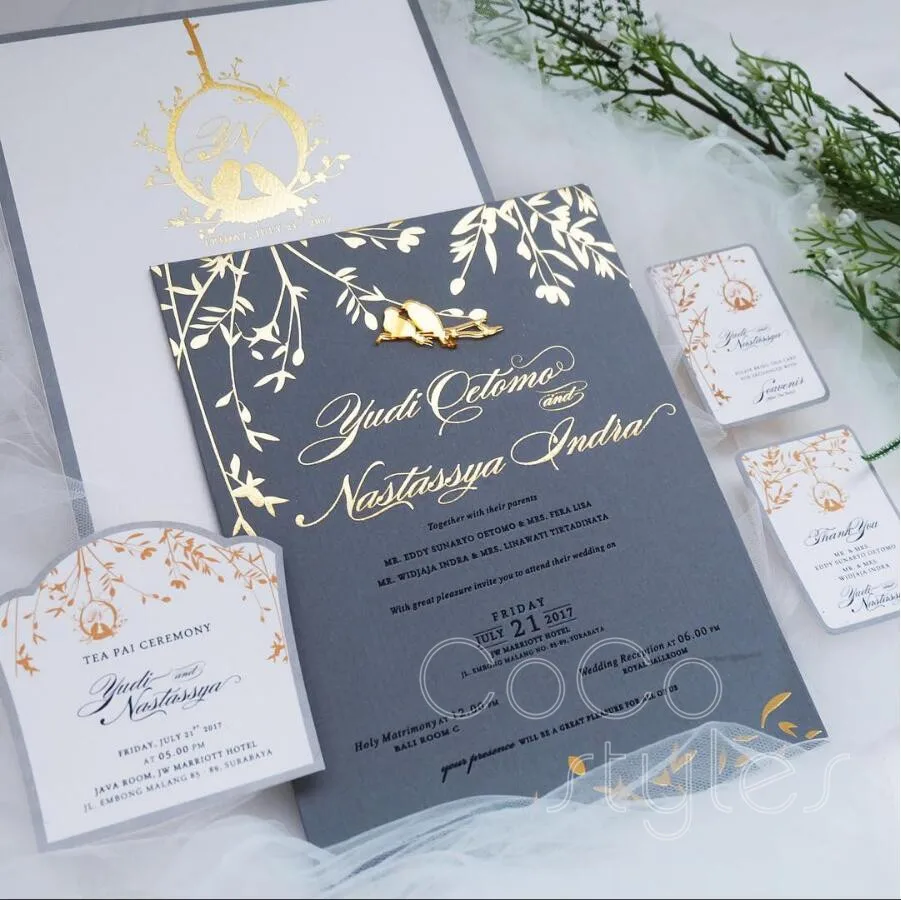  Cocostyles custom vintage gold foiling gray invitation card with acrylic bird for classical wedding - 32880883749