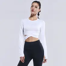 Женская футболка для йоги с круглым вырезом и длинным рукавом, летняя Однотонная футболка для йоги с перекрещивающимся крестом, футболка для фитнеса и йоги