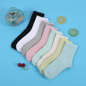 

Ladies cotton high tube socks dark floral striped lace socks