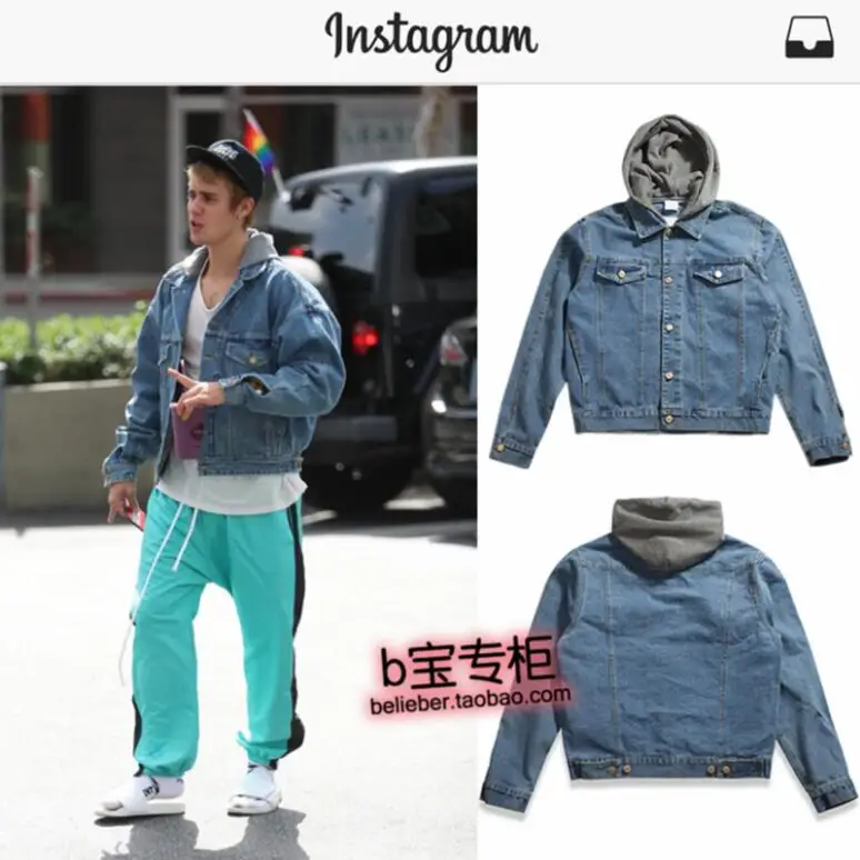 

2018 New Justin Bieber men's clothing clothes b All-match hooded denim jacket coat male stage singer costumes