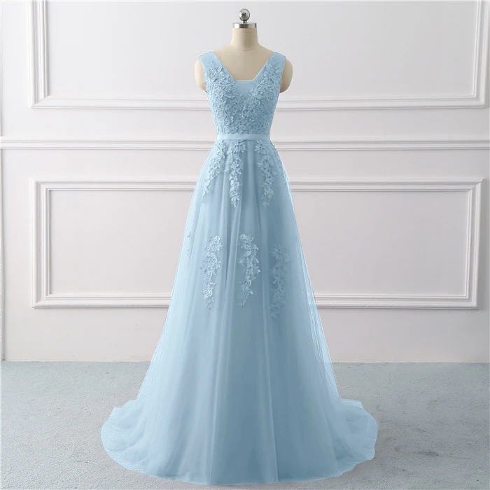 Вечернее платье с v-образным вырезом и открытой спиной, длинное, коллекция года, ТРАПЕЦИЕВИДНОЕ, свадебное, вечернее платье с аппликацией, кружевное платье для выпускного, свадебное платье, Vestido De noiva - Цвет: light blue