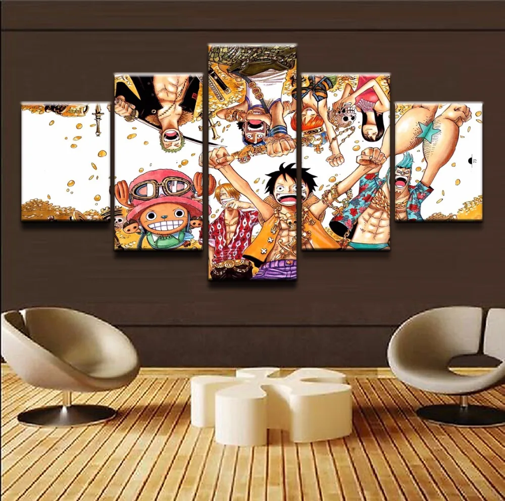 

Painting Poster Wall Art Frame Photo 5 Panel Anime One Piece Character Cheering Canvas Artwork Pictures For Kids Room Decorative