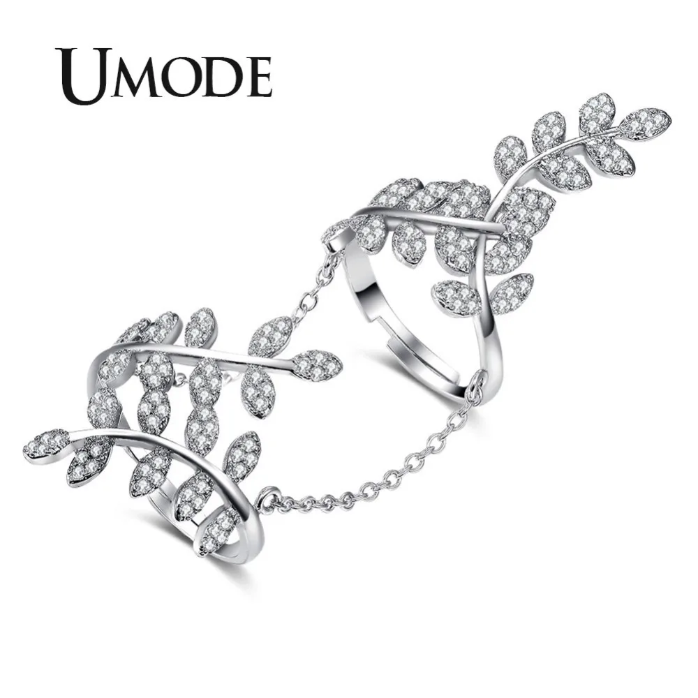 

UMODE Olive Branch Finger Rings Micro CZ White Gold Color With Chain Jewelry for Women Bague Femme Female Ring Bijoux UR0266