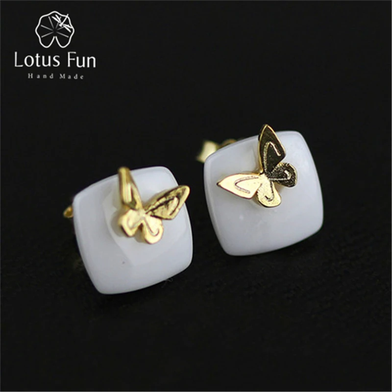 Lotus Fun Real 925 Sterling Silver Natural Ceramics Creative Handmade Fine Jewelry Lovely Butterfly Stud Earrings for Women