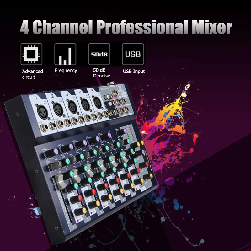 

KINCO Professional 4 Channels Audio Mixer with USB 48V Phantom Power DJ Sound Mixing Console Live Mixer For Karaoke Match Party