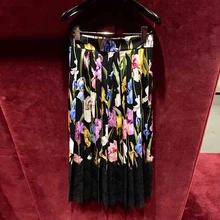 Подиумная дизайнерская Роскошная брендовая юбка с принтом тюльпана, кружевная прошитая плиссированная длинная юбка