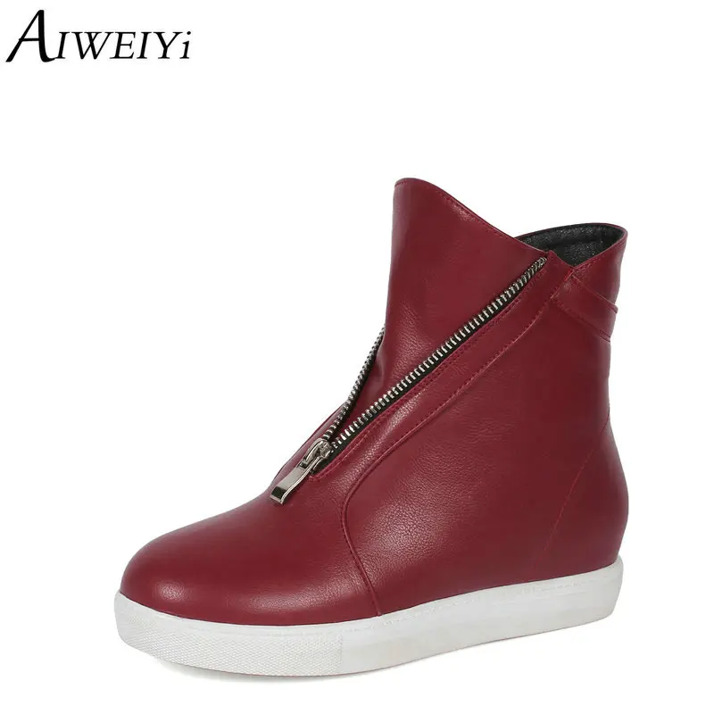 

AIWEIYi Wedges Shoes Woman Fur Warm Winter Boots Short Plush Front Zip Casual Shoes Black Red Ladies Shoes Botas