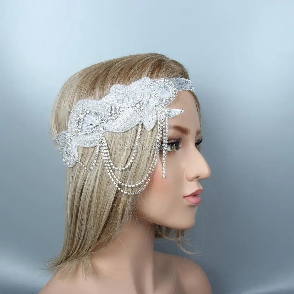 

Lowosaiwor Wholesale 1920's Gatsby Flapper Headpiece Crystal Applique Bride Hair Band Wedding Headband HS10302