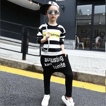 

Girls clothing sets new girls spring harlan round collar letters stripe T-shirt + child haroun pants suit children unisex sets