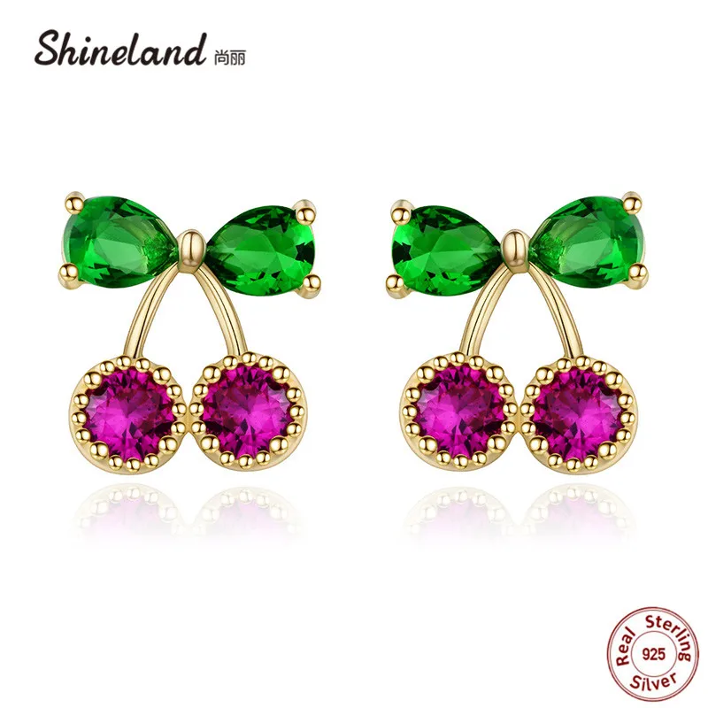 

Shineland 2018 Womens Fashion 925 Sterling Silver Fashion Tiny Cute Sweet Cherry Red Green Zircon Stud Earrings Girls Lady Gift