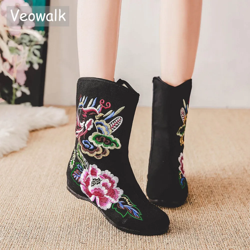 Женские холщовые сапоги Veowalk винтажные до середины икры на танкетке со скрытым