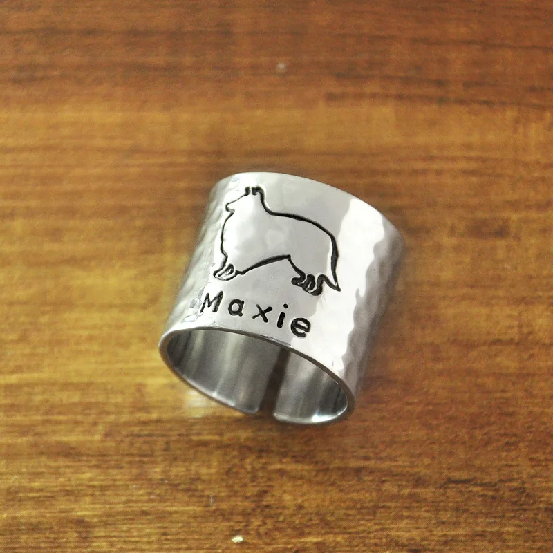 Personalized Hammered Collie Ring, Custom Adjustable Dog Ring, Engraved