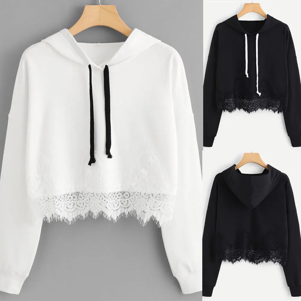 

Women Lace Long Sleeve Hooded solid color clothes for women Sweatshirt Pullover Casual Tops Shirt ropa mujer#30