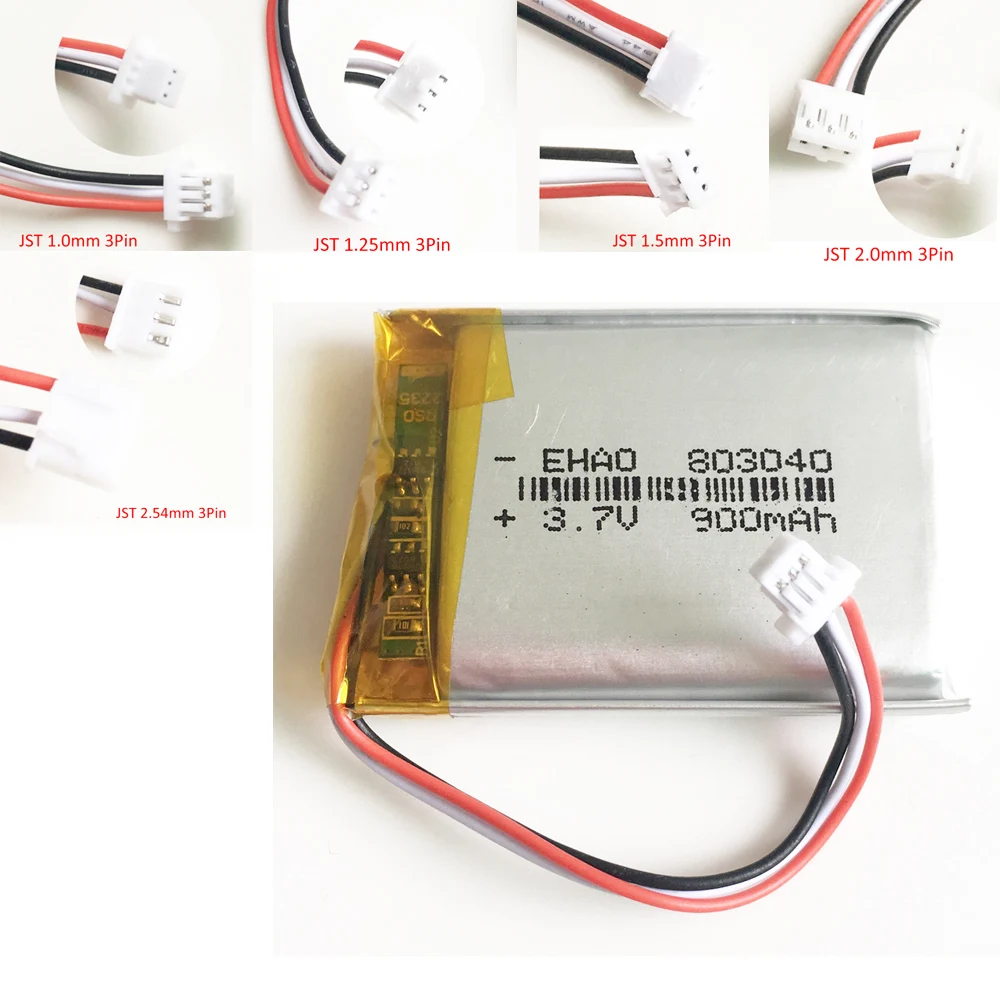 3,7 V 900 мАч литий-полимерный аккумулятор LiPo Перезаряжаемые Батарея JST 1,0/1,25/1,5/2,0/2,5 3pin разъем для планшета камеры gps ноутбук 803040