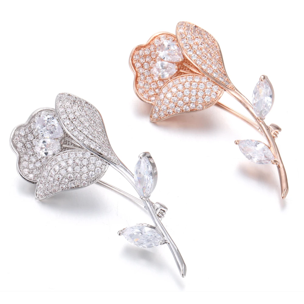 Pretty Rose gold Cubic zirconia Rose Flower Brooches Pins For Women