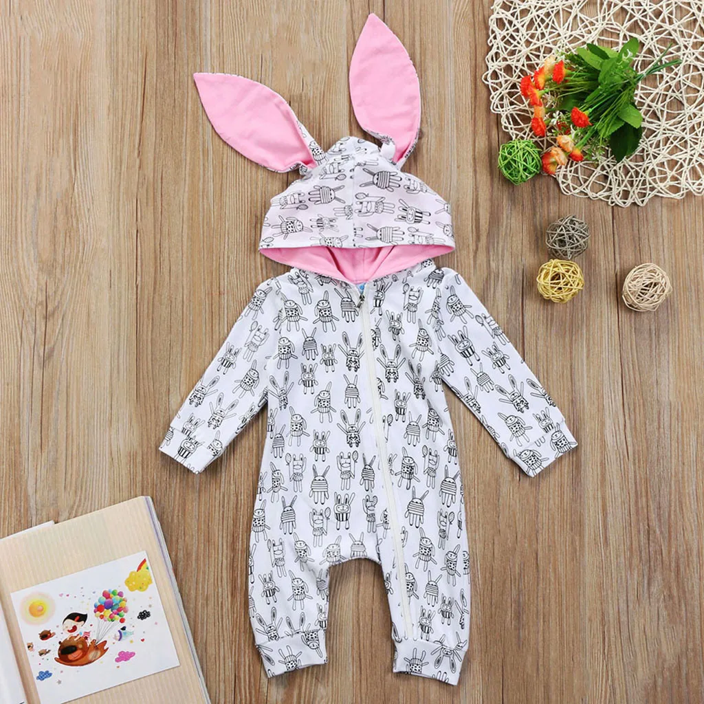 

Toddler Baby Rabbit Ear Hooded Romper Jumpsuit Outfits Cartoon Print Long Sleeve Newborn infant Girls Boys winter baby clothes