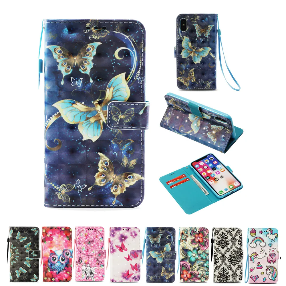 

Painted case For Iphone XS XR XS MAX 8 X butterfly owl Unicorn pattern Flip Stand Case For Iphone 8plus Wallet Phone Cover Card