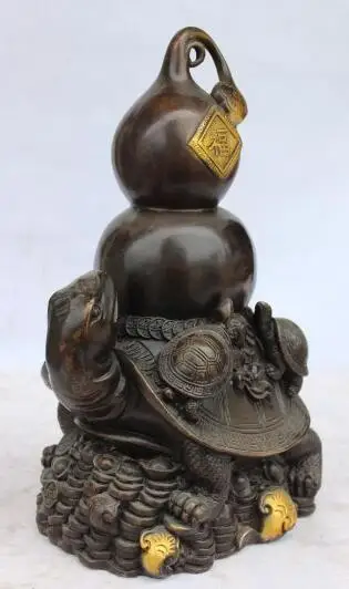 

S02503 14" Chinese Bronze Gilt Wealth Money Turtle Tortoise Calabash Cucurbit Statue B0403