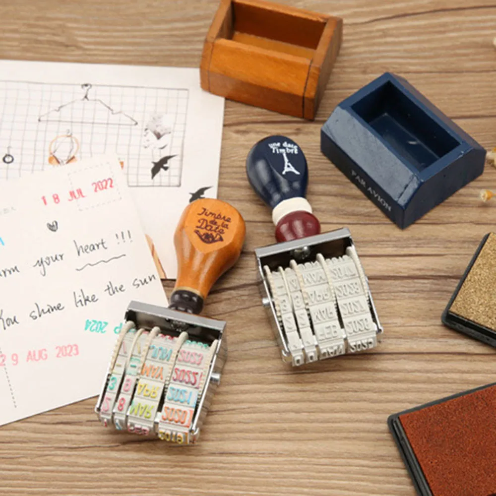 

Vintage Plastic Rolling Stamp Month Date DIY Wooden Handle Wheel Stamps Diary Album Scrapbooking Stationery