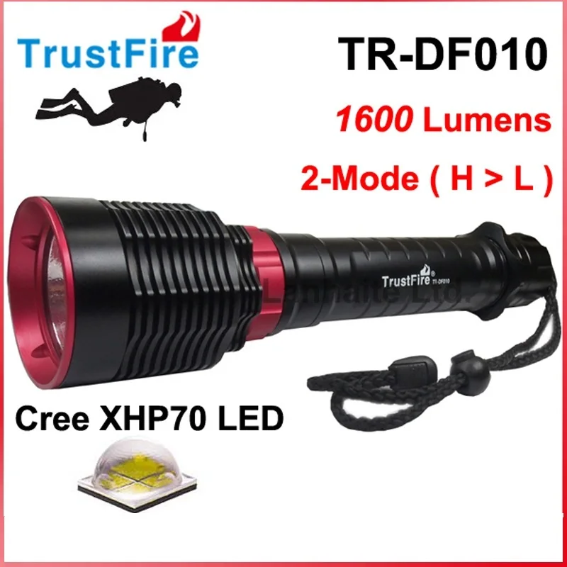 TrustFire TR-DF010 Lanterna Cree XHP70 1600 люмен Дайвинг светодиодный фонарик-черный(2 х 26650 батареи