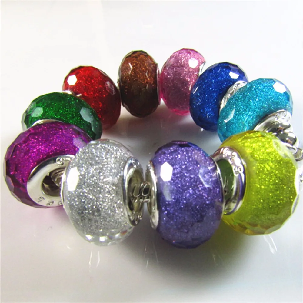 Hot Sell 30pcs/lot Gold Dust Core Murano Acrylic Lampwork Faceted Vivid Big Hole Charm Beads for European Charm Bracelet