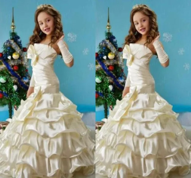 Cheap Ivory Flower Girl Dresses Tiered Satin Kids Prom Dresses For Weddings Children First Communion Dresses For Girls 2016