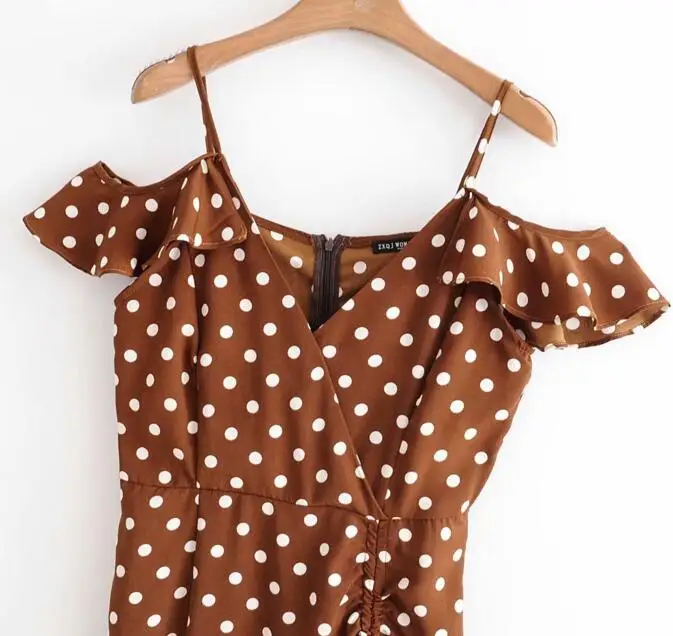 Toppies женское летнее коричневое платье в горошек 2019 винтажное миди с оборками