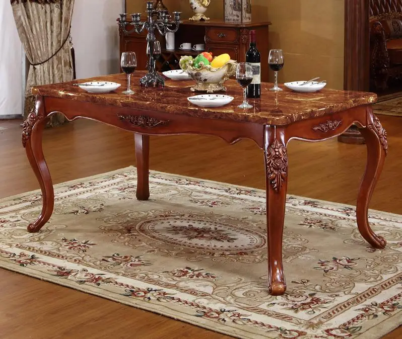 American Style Marble Table, New Classical High Grade Solid Wood Carving Rectangle Six Person Table European Style Dining Table