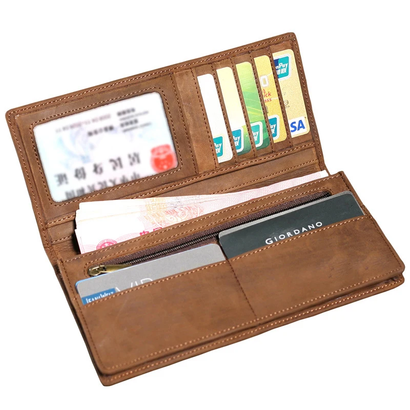 

2019 Vintage Men Long Wallet Crazy Horse Leather Retro Top Leather Male Purse Business Multi-card Slots Real leather handbag 50